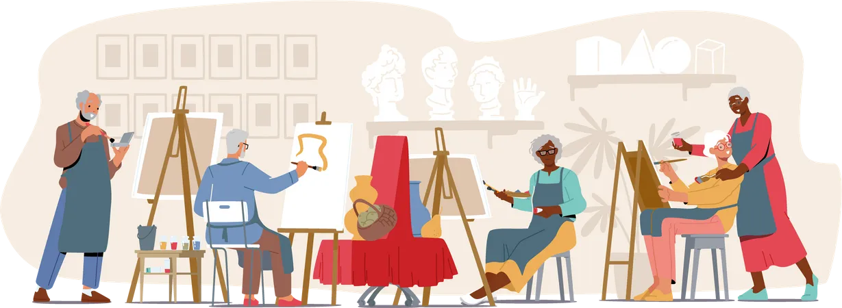 Hombres y mujeres mayores aprenden a dibujar en una clase de estudio de arte  Ilustración