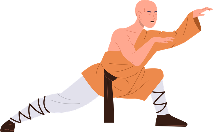 Ancien moine Shaolin musclé debout en position de combat de kung fu  Illustration