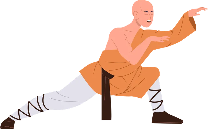 Ancien moine Shaolin musclé debout en position de combat de kung fu  Illustration