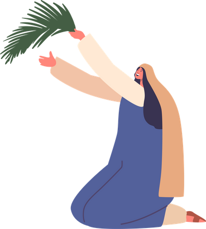 Femme ancienne tient une feuille de palmier  Illustration