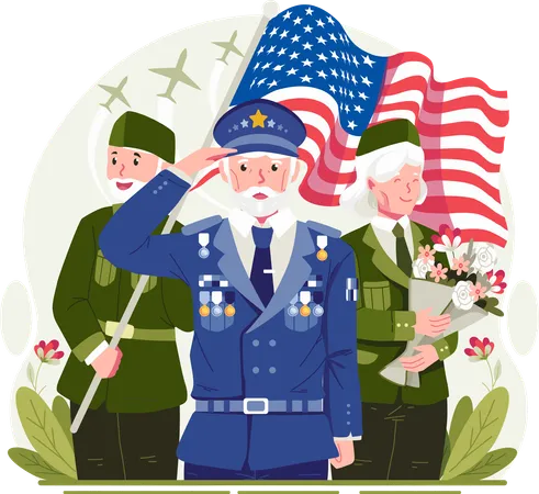 Anciens combattants avec un drapeau américain et tenant des fleurs saluant et célébrant la Journée des anciens combattants  Illustration