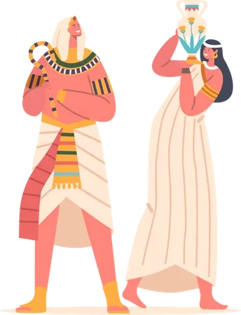Le pharaon des Égyptiens antiques et la femme avec une cruche se tiennent ensemble  Illustration