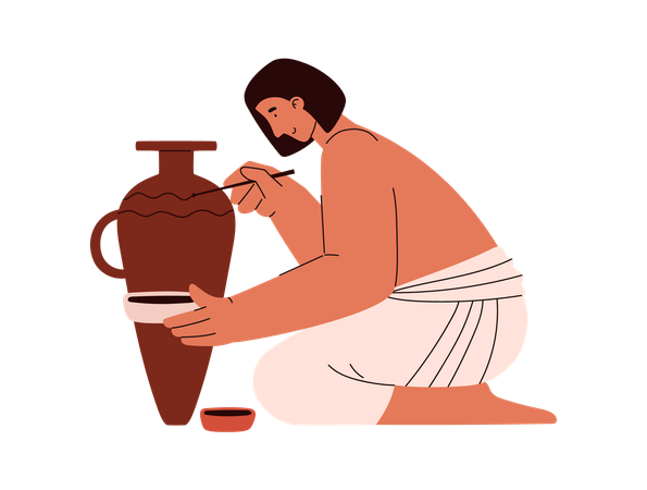 Ancient egyptian potter painting clay jug  Illustration