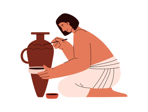 Ancient egyptian potter painting clay jug  Illustration