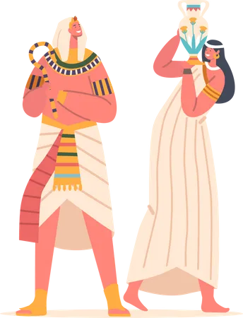 Ancient Egyptians Pharaoh And Woman With Jug Stand Together  Illustration