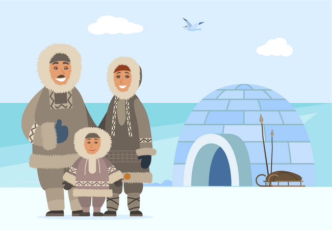 Ancient family wearing winter clothes  Illustration