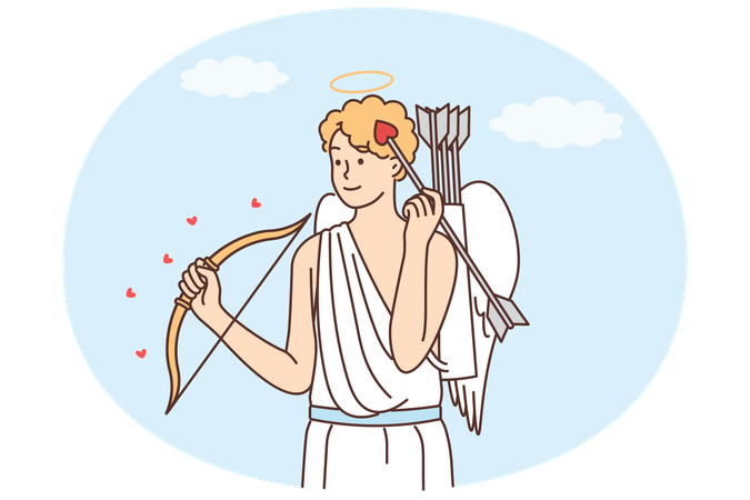 Ancient Greek god cupid with bow and arrow with tip in form of heart stands wanting to give love  Illustration