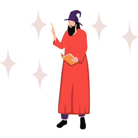 Ancient man holding magic book and wand  Illustration