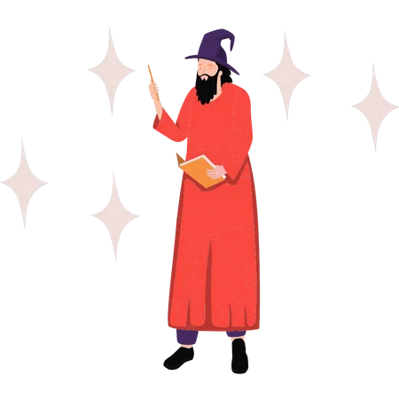 Ancient man holding magic book and wand  Illustration