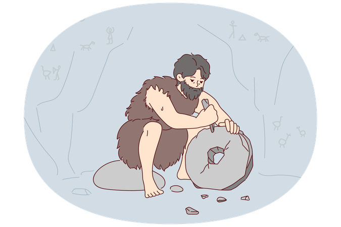 Ancient man with beard who lives in cave uses stone tool to create wheel  Illustration