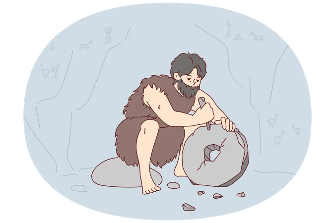 Ancient man with beard who lives in cave uses stone tool to create wheel  Illustration