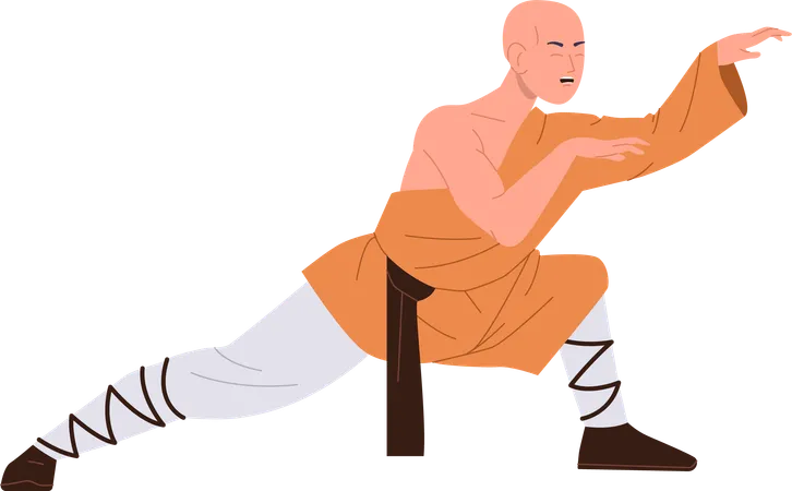Ancient Muscular Shaolin Monk Standing In Kung Fu Fighting Position Isolated On White Background Traditional Antique Chinese Warrior Asian Master Practicing Martial Arts Vector Illustration Illustration