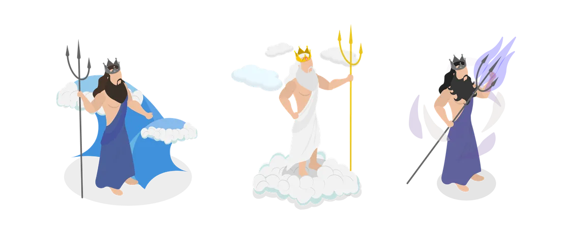 3 D Isometric Flat Vector Conceptual Illustration Of Ancient Mythology Heroes Zeus Poseidon And Hades Illustration