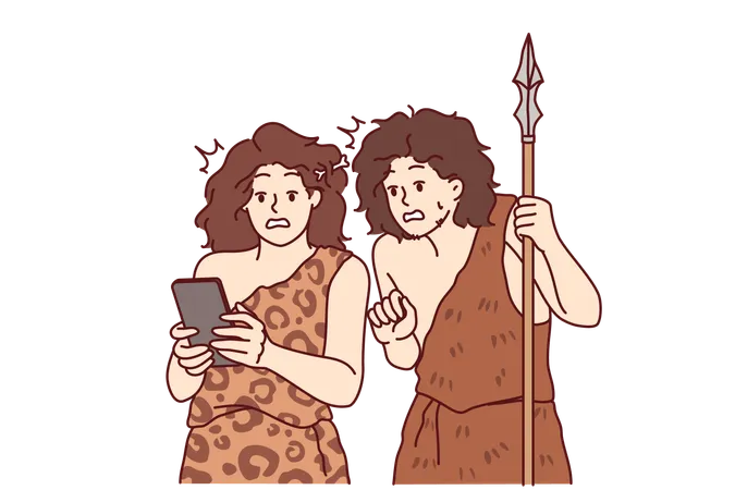 Ancient People With Mobile Phone In Hands Marvel At Technology From Future During Random Time Travel Ancient Man And Woman In Animal Skins Are Looking At Smartphone Feeling In Awe Of Magical Gadget 일러스트레이션