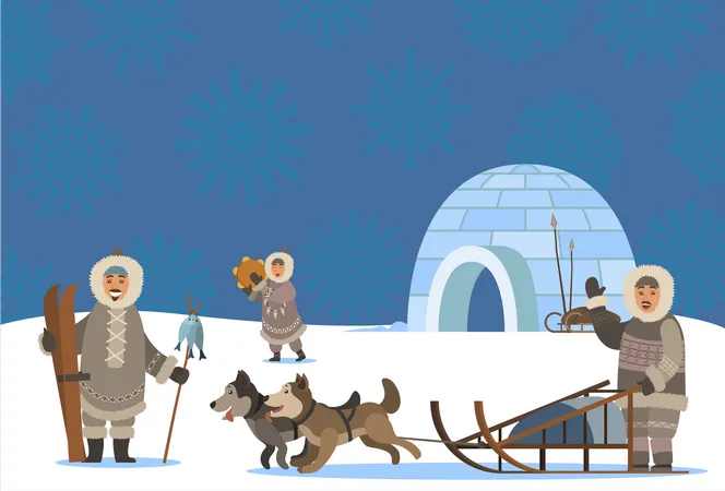 Ancient people in winter  Illustration