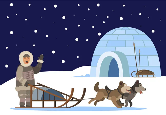 Ancient person riding dog sleigh  Illustration