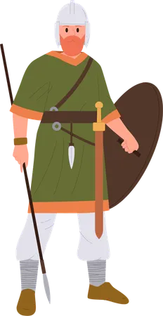 Ancient Slavic warrior wearing traditional native costume with weapon  Illustration