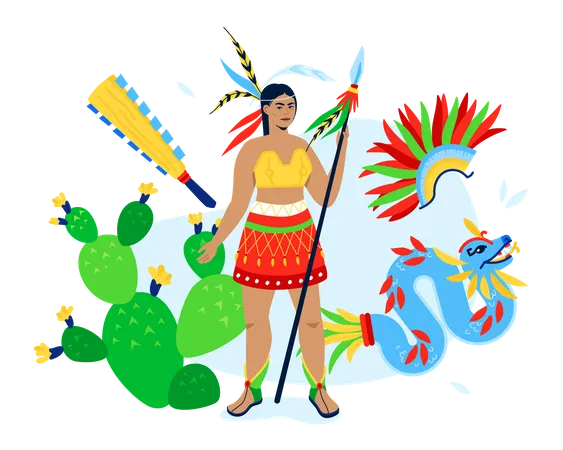 Ancient Warrior Woman Modern Colored Vector Poster On White Background With Huntress With Spear Roach Dragon Symbol And Cactus Ethnic People Folk Tribes Feather Clothes Maya And Aztecs Idea Illustration