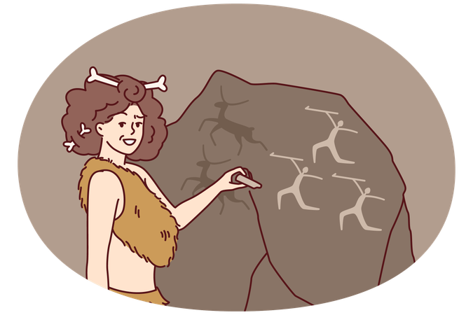 Ancient woman in clothing from animal skins and bones in hair makes rock paintings  Illustration