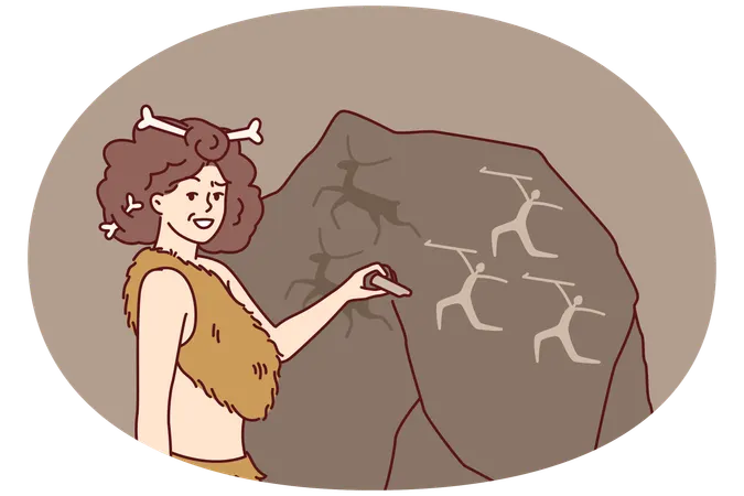 Ancient woman in clothing from animal skins and bones in hair makes rock paintings  Illustration