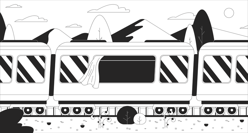 Passeio de trem pelas exuberantes montanhas de grama  Ilustração