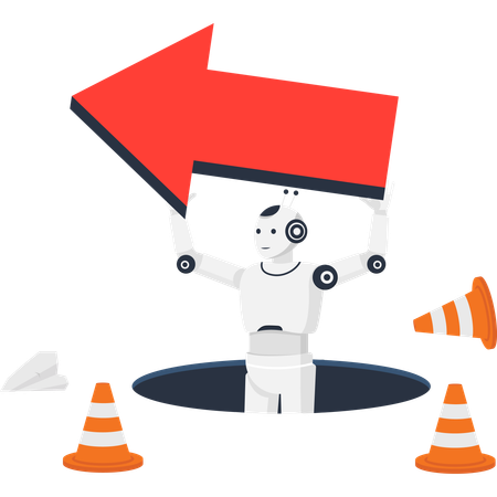 Android robot holding red arrow sign for direction and guidance emerging from a hole with construction cones  Illustration