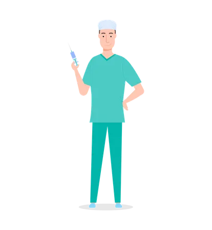 Isolated At White Cartoon Character Doctor Man Surgeon Wearing Medical Suit With Syringe Anesthetist Before Surgery Healthcare Medical Concept Medical Staff Standing With Syringe With Medicament Illustration