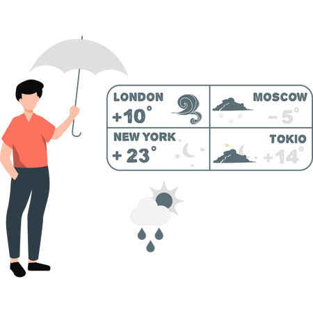 Anfitrião masculino fornece atualizações meteorológicas segurando guarda-chuva  Ilustração