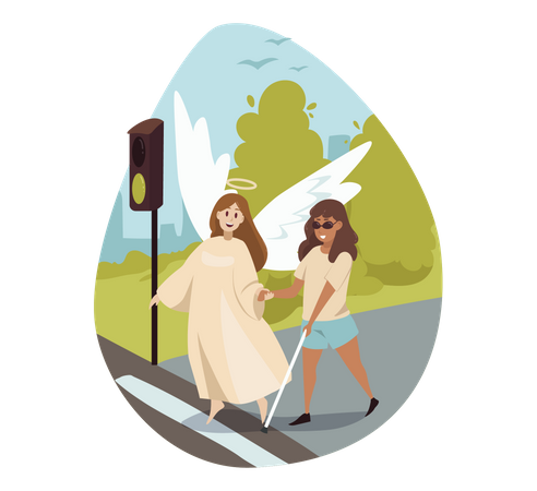 Un ange aide une fille aveugle à traverser la route  Illustration