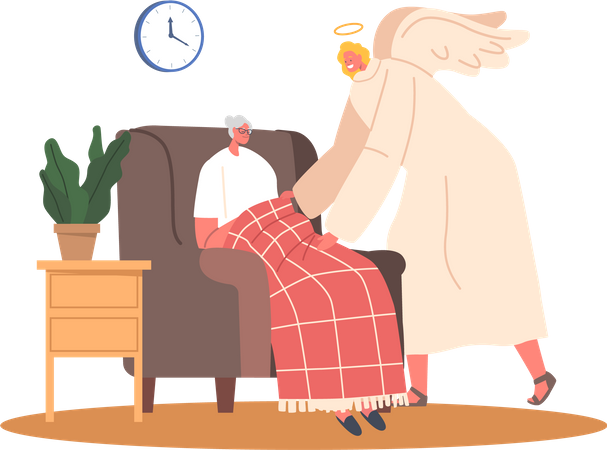 Ange gardien attentif prodiguant des soins à une femme âgée  Illustration