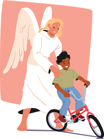 Un ange gardien de la vie aide un petit garçon à apprendre à faire du vélo  Illustration