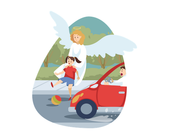 Un ange sauve une petite fille d'un accident de voiture  Illustration