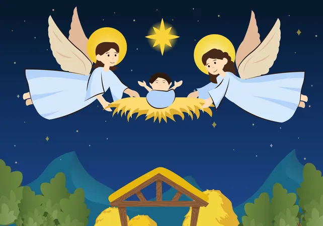 Angel blesses new infant baby  Illustration