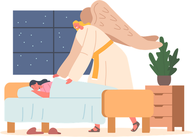 Angel covering child with a cozy blanket  Illustration