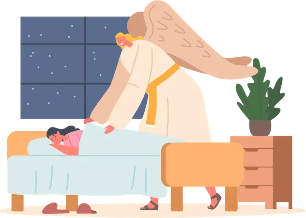 Angel covering child with a cozy blanket  Illustration