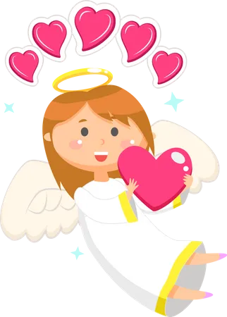Ángel de San Valentín con alas sosteniendo corazones rosas  Ilustración
