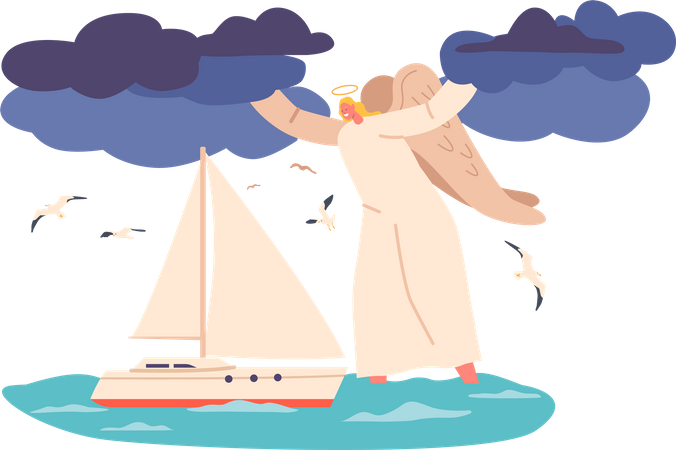 Angel ensuring safety of yacht as it sails  イラスト