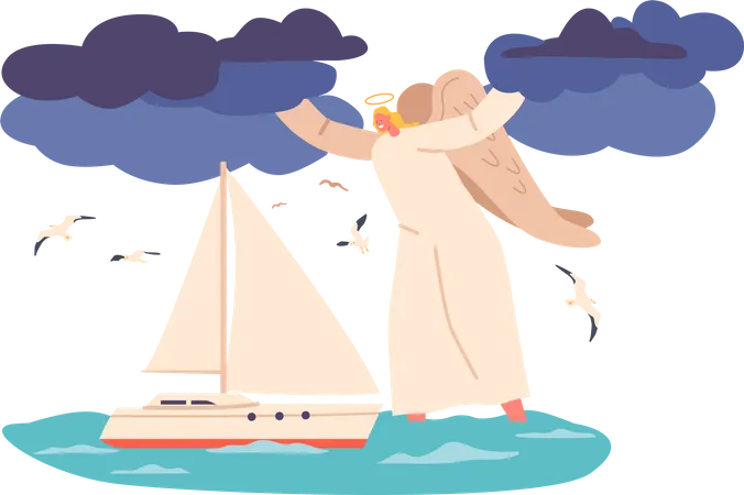 Angel Keeper Character Stands Guard Ensuring The Yacht Safety As It Sails On The Vast Sea Its Watchful Presence Brings Comfort And Protection To Those Aboard Cartoon People Vector Illustration イラスト