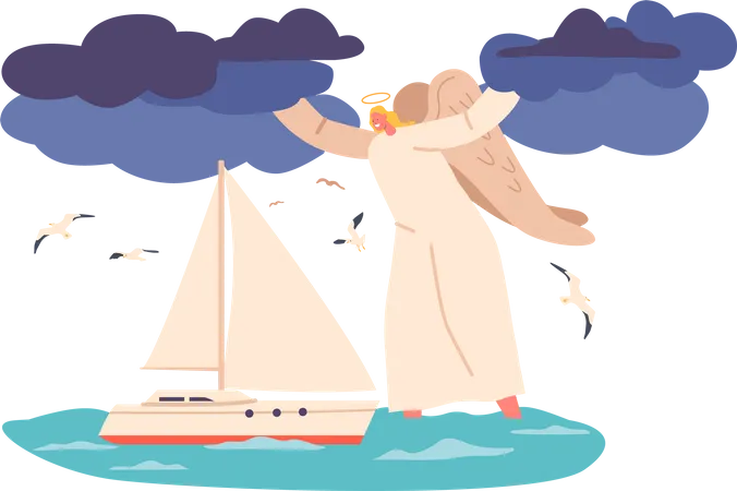 Angel ensuring safety of yacht as it sails  Illustration