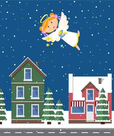Angelic Child Flying At Night Street With Old Buildings And Snowy Weather Snowfall And Houses Christmas Holiday Celebration Present In Hand Vector Illustration In Flat Cartoon Style Illustration