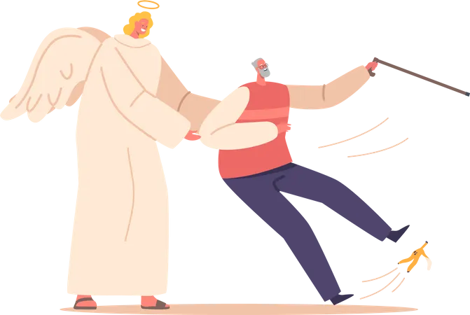 Angel Guardian Character Swiftly Appears Catching Elderly Man As He Slips On Banana Peel Offering Comforting Support And Preventing Injury Heavenly Protection Concept Cartoon Vector Illustration イラスト