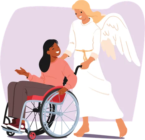 Ángel guardián de la vida, personaje bíblico santo que apoya y cuida a una mujer inclusiva en silla de ruedas  Ilustración