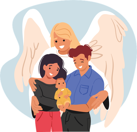 Angel guardian protecting young family with child hugging parents and little newborn baby  Illustration