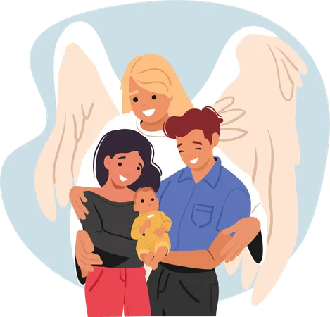 Angel guardian protecting young family with child hugging parents and little newborn baby  Illustration