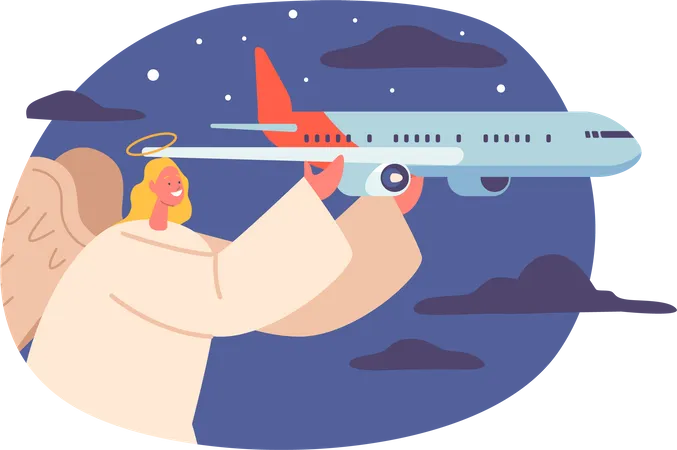 Angel Keeper Character Guards Aircraft During Flight Ensuring Safety And Protection From Potential Threats Allowing Passengers To Travel With Peace Of Mind Cartoon People Vector Illustration Illustration