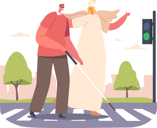 Un ángel guía a un ciego a través de la calle de forma segura  Ilustración