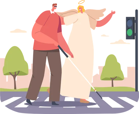 Angel Keeper Guides A Blind Man Safely Across The Road Offering Support And Assistance In Navigating The Bustling Traffic Celestial Being Help To Male Character Cartoon People Vector Illustration イラスト