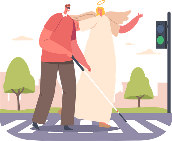 Angel guides blind Man safely across the road  Illustration