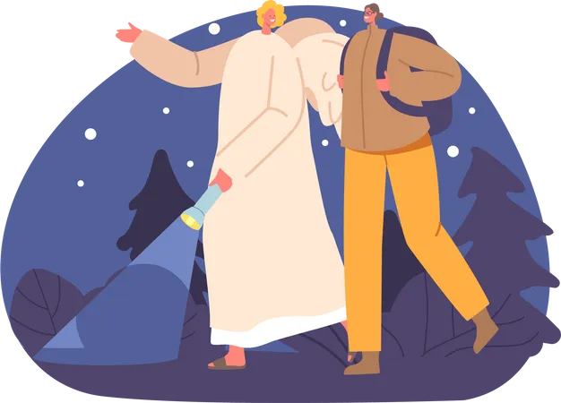 Angel Keeper Guides And Protects A Female Tourist Character Through The Eerie Night Forest Offering Reassurance And Ensuring Her Safe Passage To Her Destination Cartoon People Vector Illustration イラスト