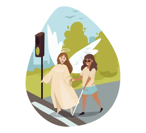 Angel help blind girl to crossing road  Illustration